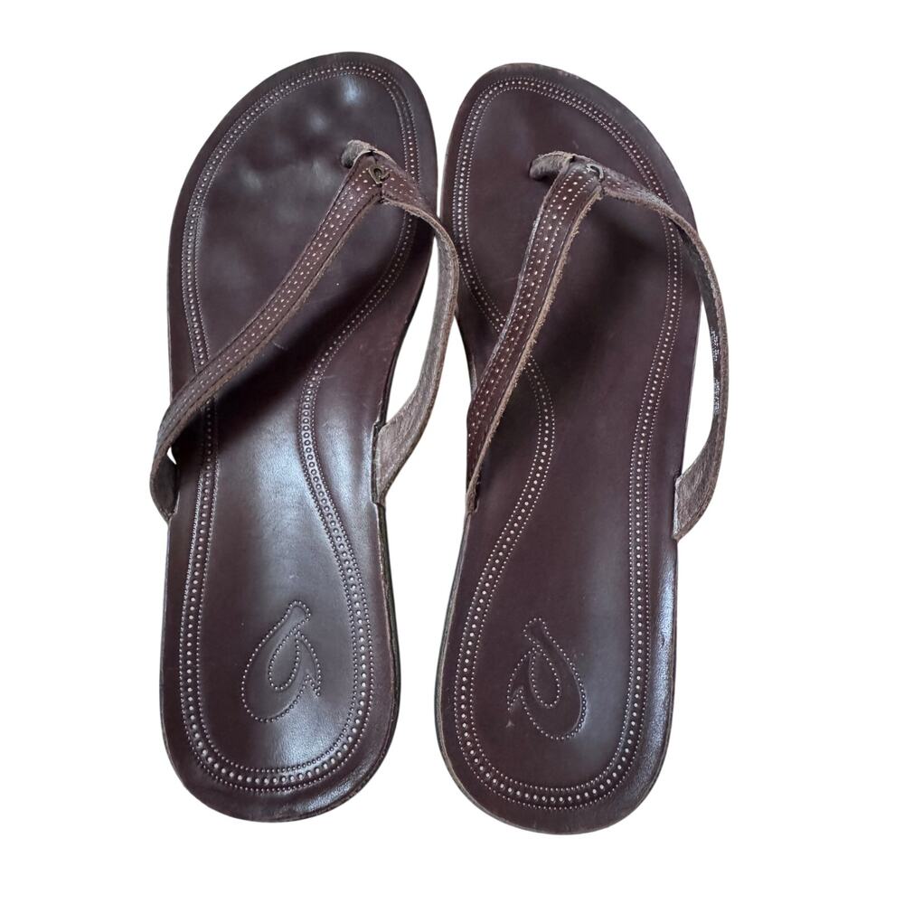 Olukai Ola W Leather Flip Flop Wedge Dark Java Brown Women's US 11 41 20322-4848
